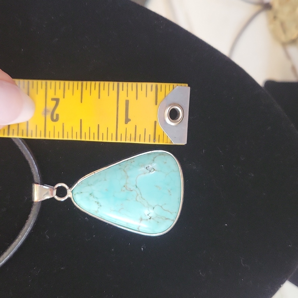 Turquoise Navajo Native pendant necklace on black leather silver hardware. - Picture 9 of 16